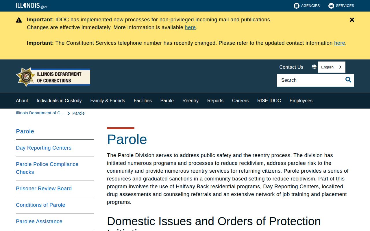 Illinois Department of Corrections Parole Division page