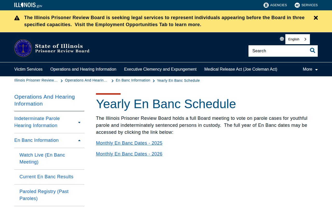 Illinois Prisoner Review Board yearly en banc schedule